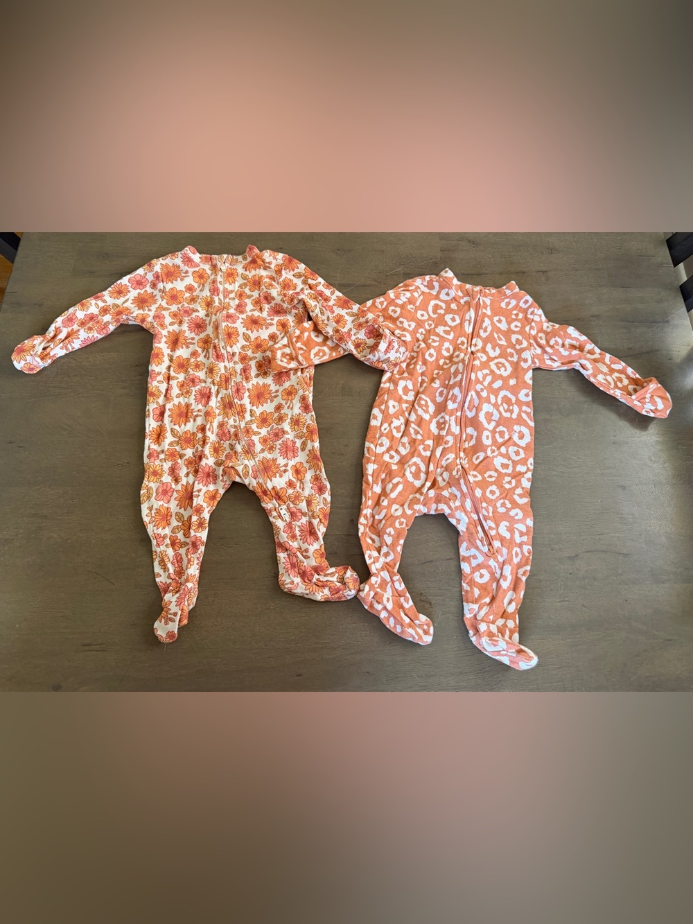Old Navy Baby 2pc Fall Orange Floral & Leopard Print One-Piece Footed Pajama